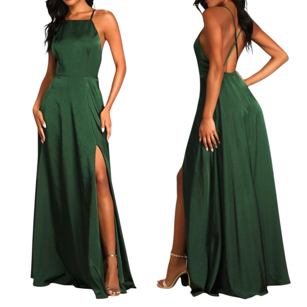 NWOT Lulus Total Beauty Dark Emerald Green Satin Backless Maxi Gown Dress